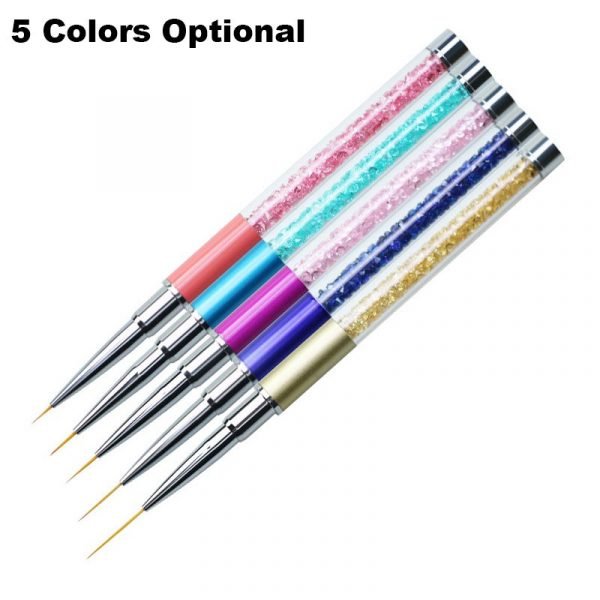 5colors of Nail Art Liner Detail Brush With Rhinestone Metal Handle And Cap