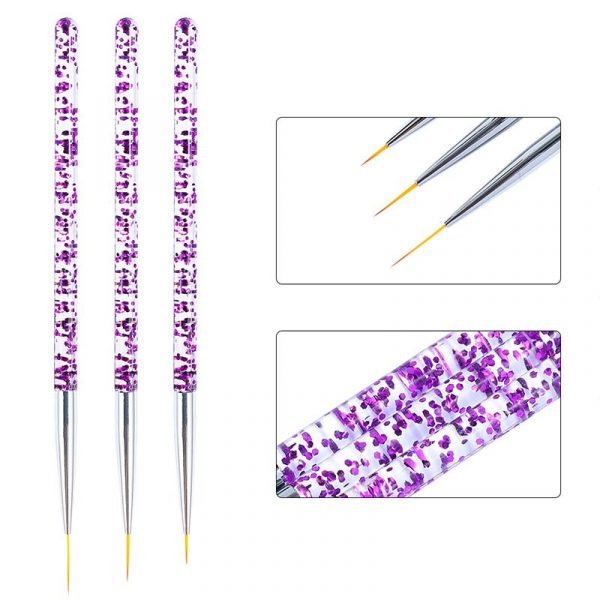 3PCS Glitter Chip Inside Acrylic Handle Nail Art Detail Liner Brush Set-3