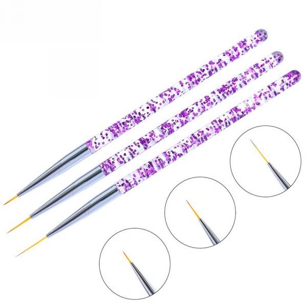 3PCS Glitter Chip Inside Acrylic Handle Nail Art Detail Liner Brush Set