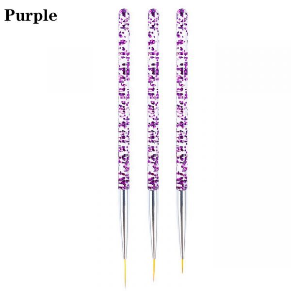 3PCS Glitter Chip Inside Acrylic Handle Nail Art Detail Liner Brush Set-purple