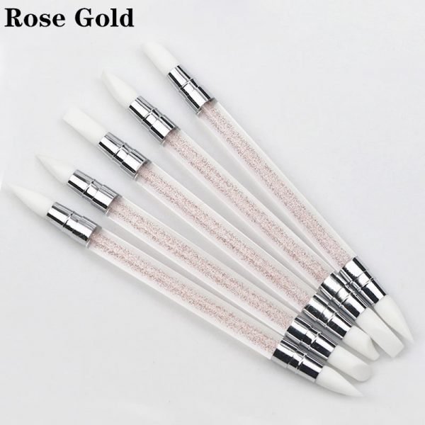 5PCS Double Heads Nail Art Silicone Sculpture Pen With Glitter Acrylic Handle-rose gold