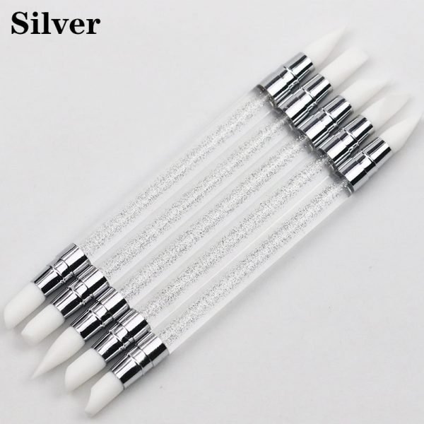 5PCS Double Heads Nail Art Silicone Sculpture Pen With Glitter Acrylic Handle-silver