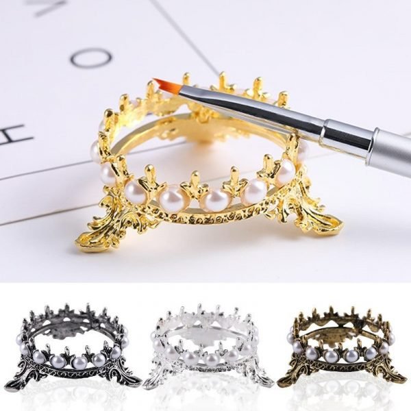 Crown Shape Nail Brush Rack Stand Holder With Inlaid Pearl Rhinestone