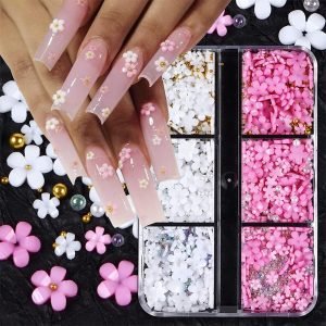 6 Grids 3D Acrylic Flower Nail Art Decorations Mixed Size Resin Flower With Beads and Crystals
